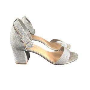 Silver Glitter Block Heel Sandals With Adjustable Ankle Strap & Open Toe Design